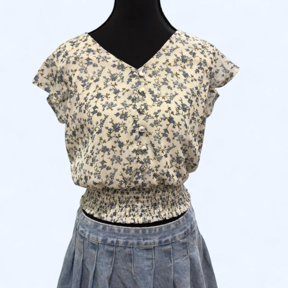 Coquette blue floral‎ milkmaid smocked waist blouse cottagecore soft girl top